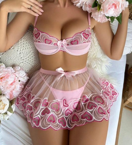 Heart collection 3 piece Skirt Lingerie Set